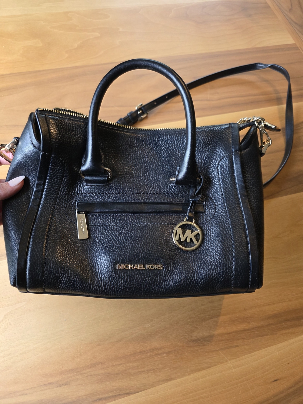 Michael Kors Black Leather Satchel Bag With Gold Hardware And Chain